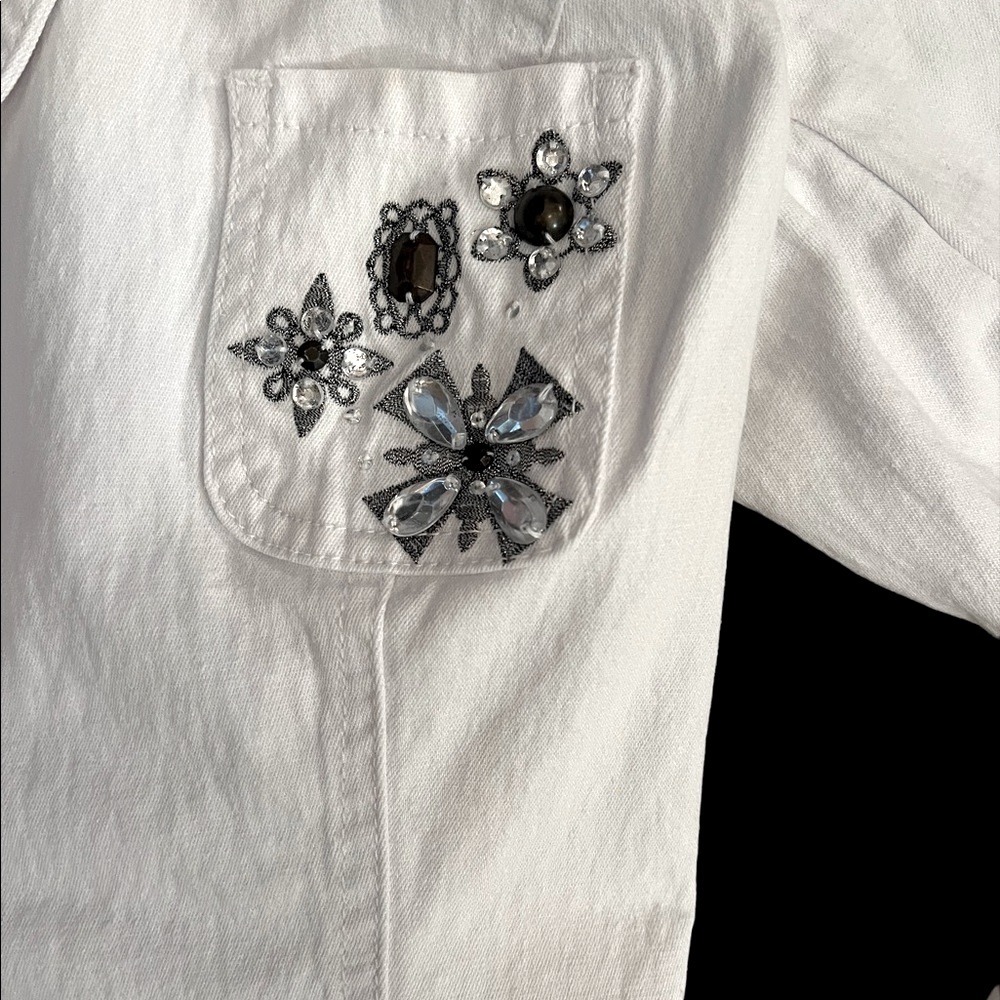 DG2 WHITE VINTAGE SPRING/SUMMER DENIM WITH STRETCH EMBELLISHED BLAZER - Picture 9 of 13